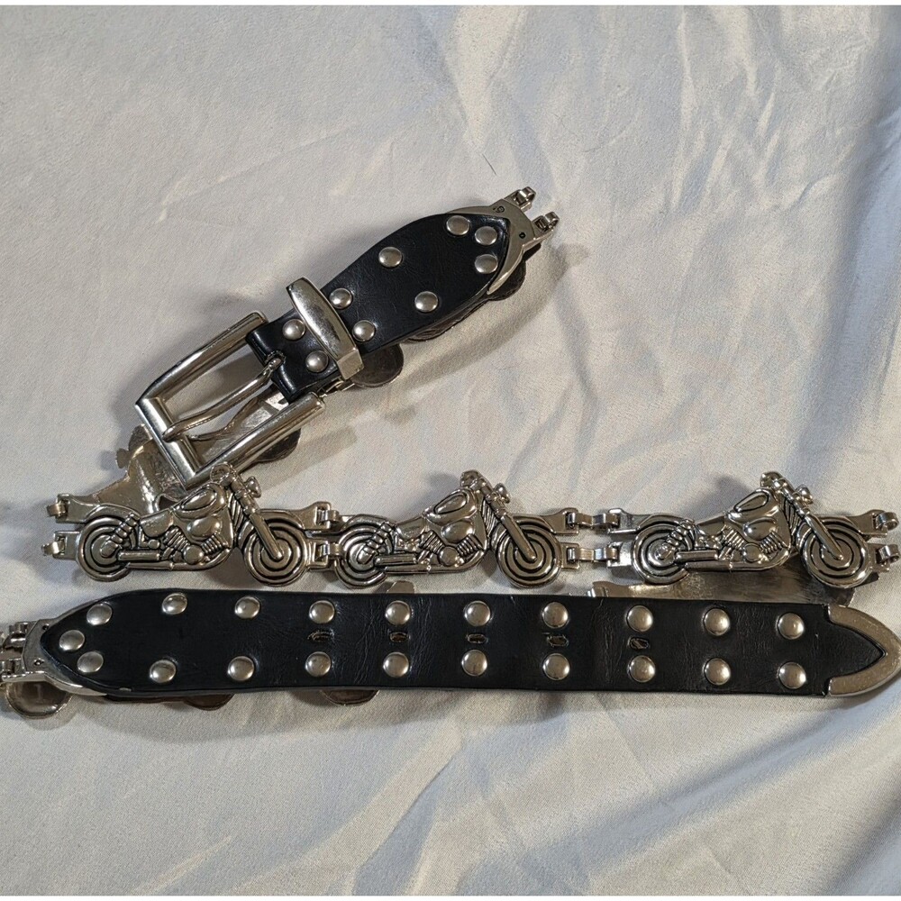 Vintage Metal Motorcycle Belt Black Leather Large 47" Unisex Biker Punk Rock Y2K